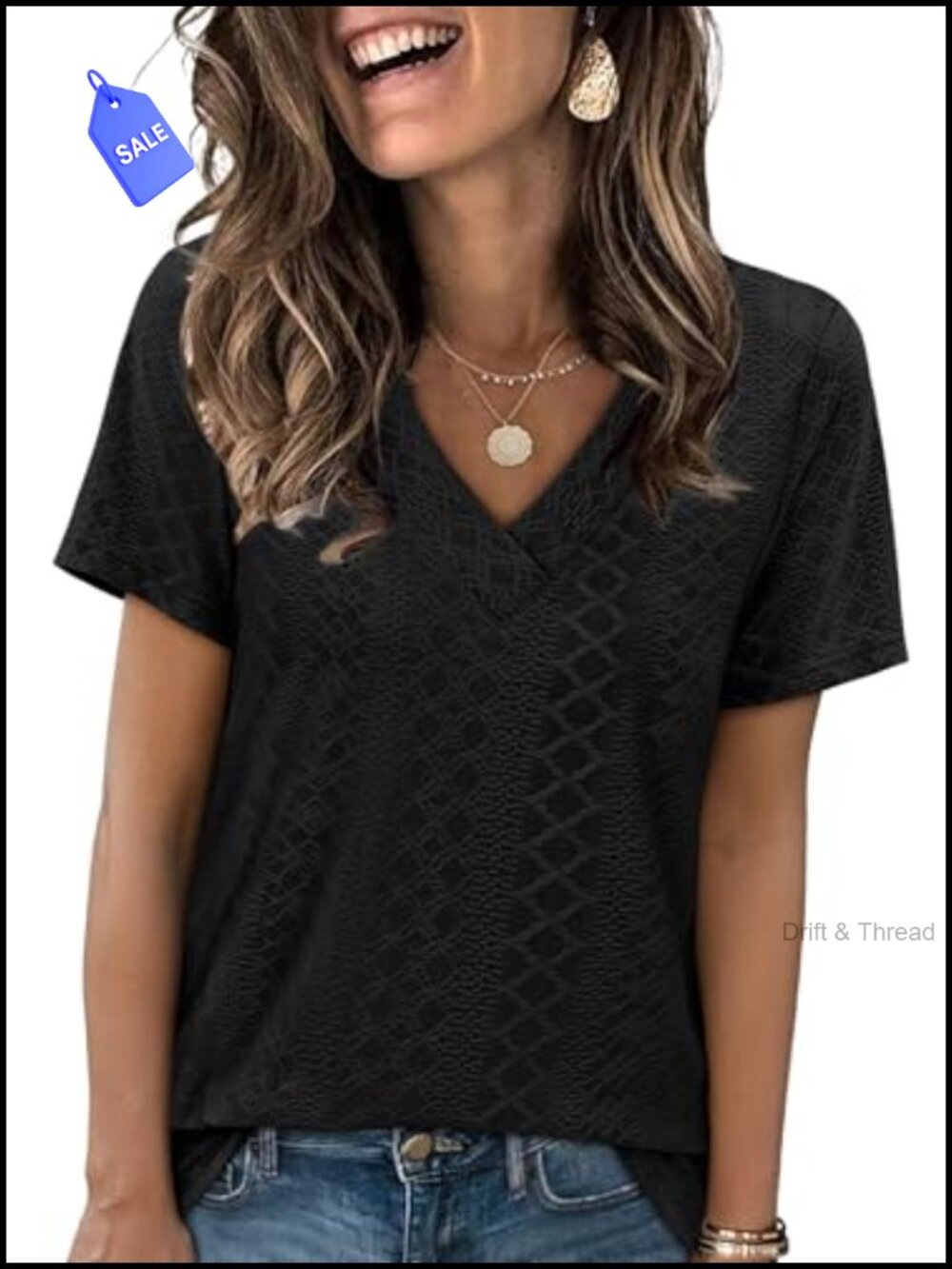 Eyelet V-Neck Short Sleeve T-Shirt Loose Fit Casual Top